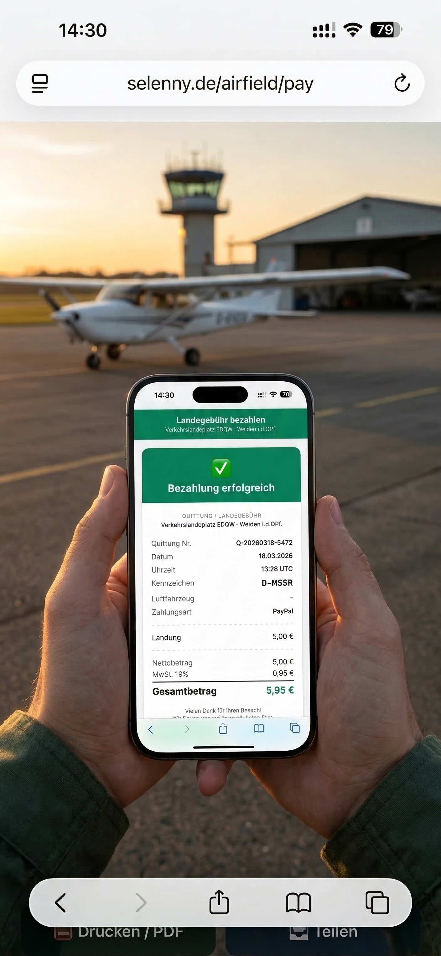 Pilot bezahlt Landegebühr per Smartphone am Flugplatz