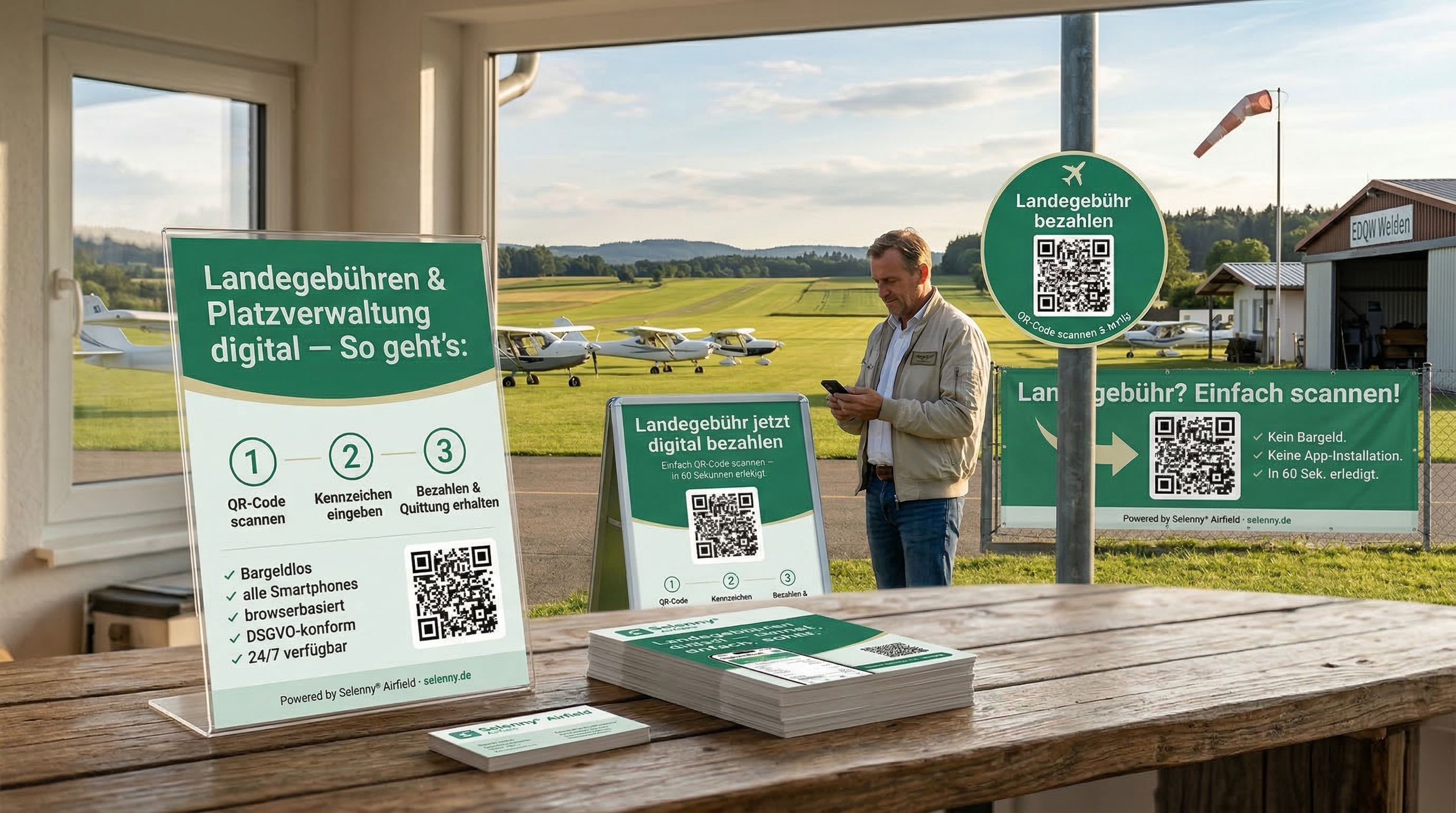 Werbematerial: Plakate, Flyer, QR-Code-Aufkleber, Banner und Visitenkarten am Flugplatz