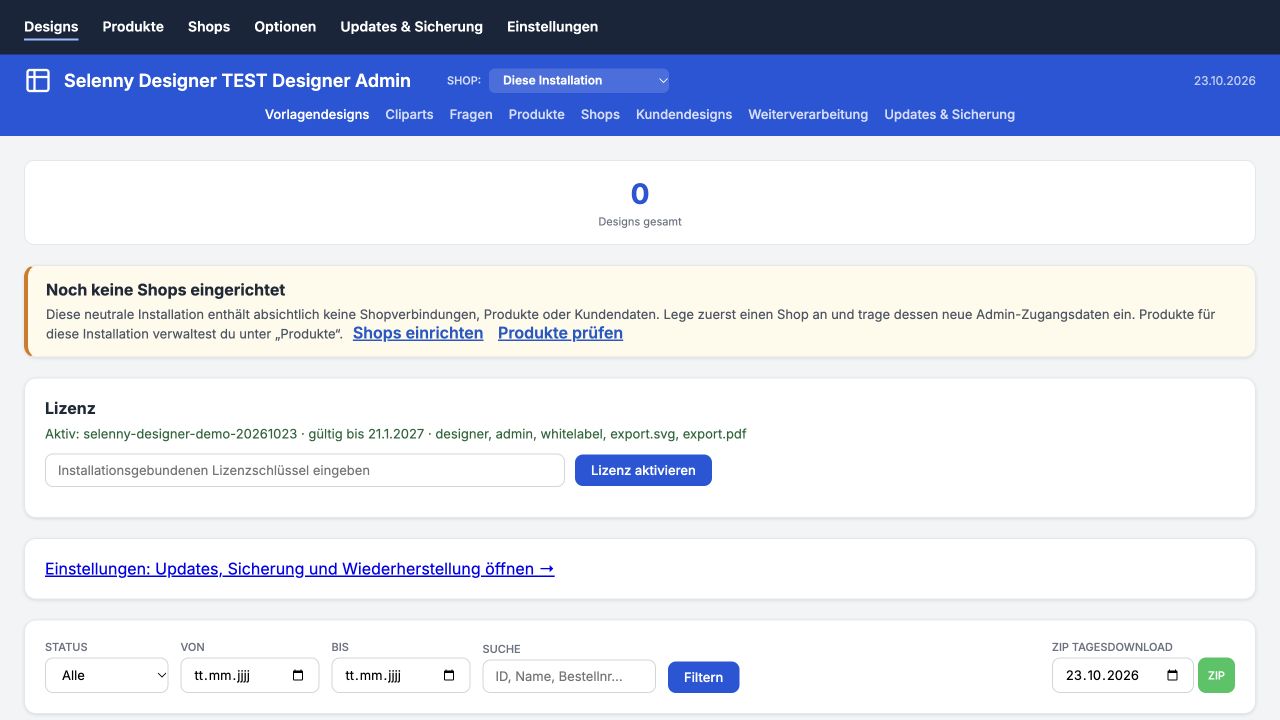 Echte Bildschirmansicht des leeren Designer Admins mit Shopauswahl, Lizenz und Update-Navigation