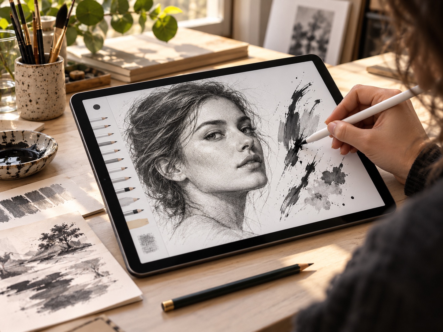 Künstler zeichnet mit Stift auf einem Tablet