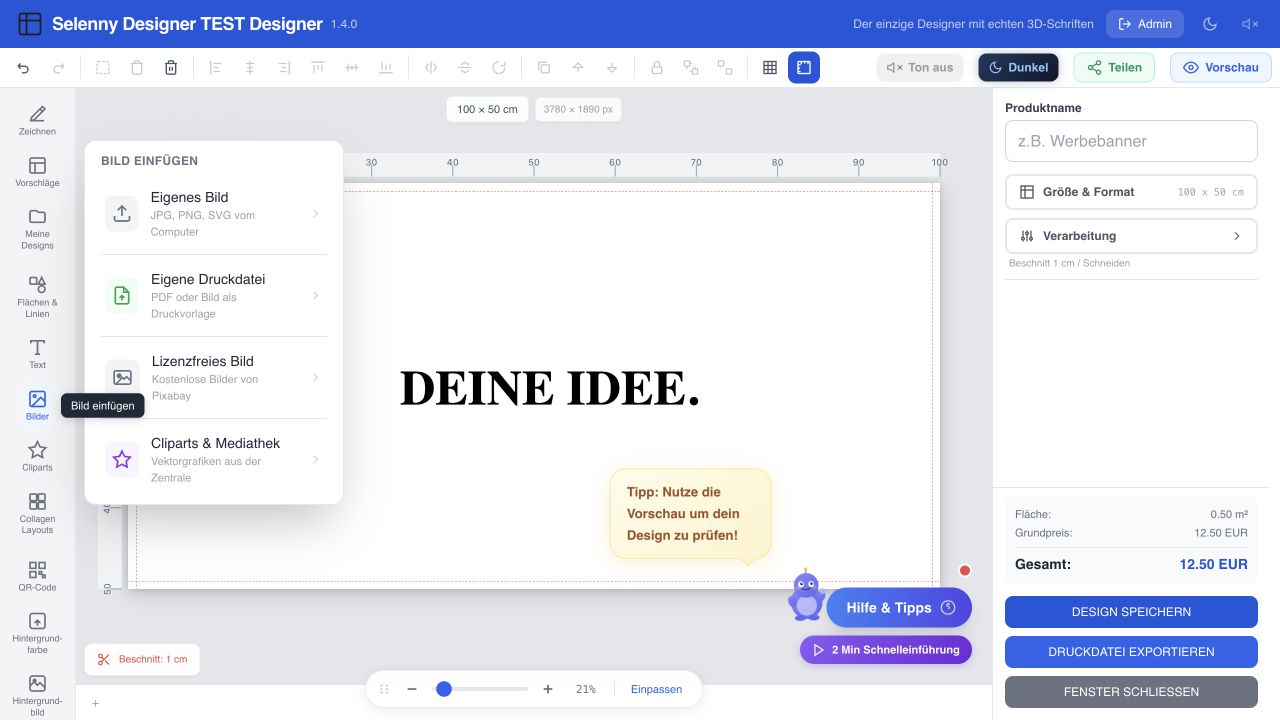 Bildmenü mit eigenem Upload, Druckvorlage, Pixabay und Cliparts