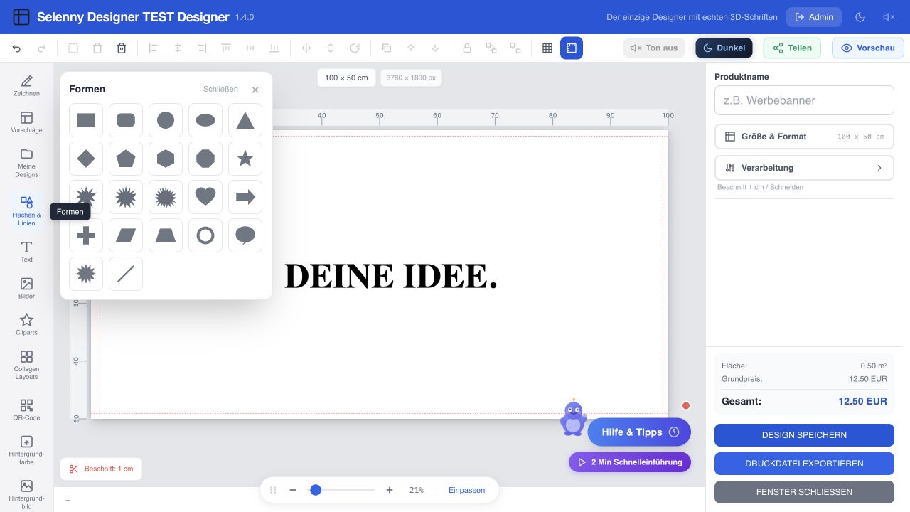 Echte Demoansicht des normalen Designers mit Text auf der Arbeitsfläche und geöffnetem Formenmenü