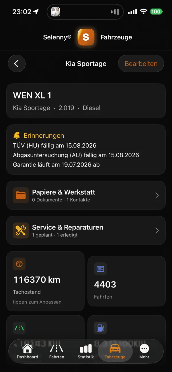 Selenny® Fahrtenbuch: Fristen für HU, AU, Versicherung und Garantie