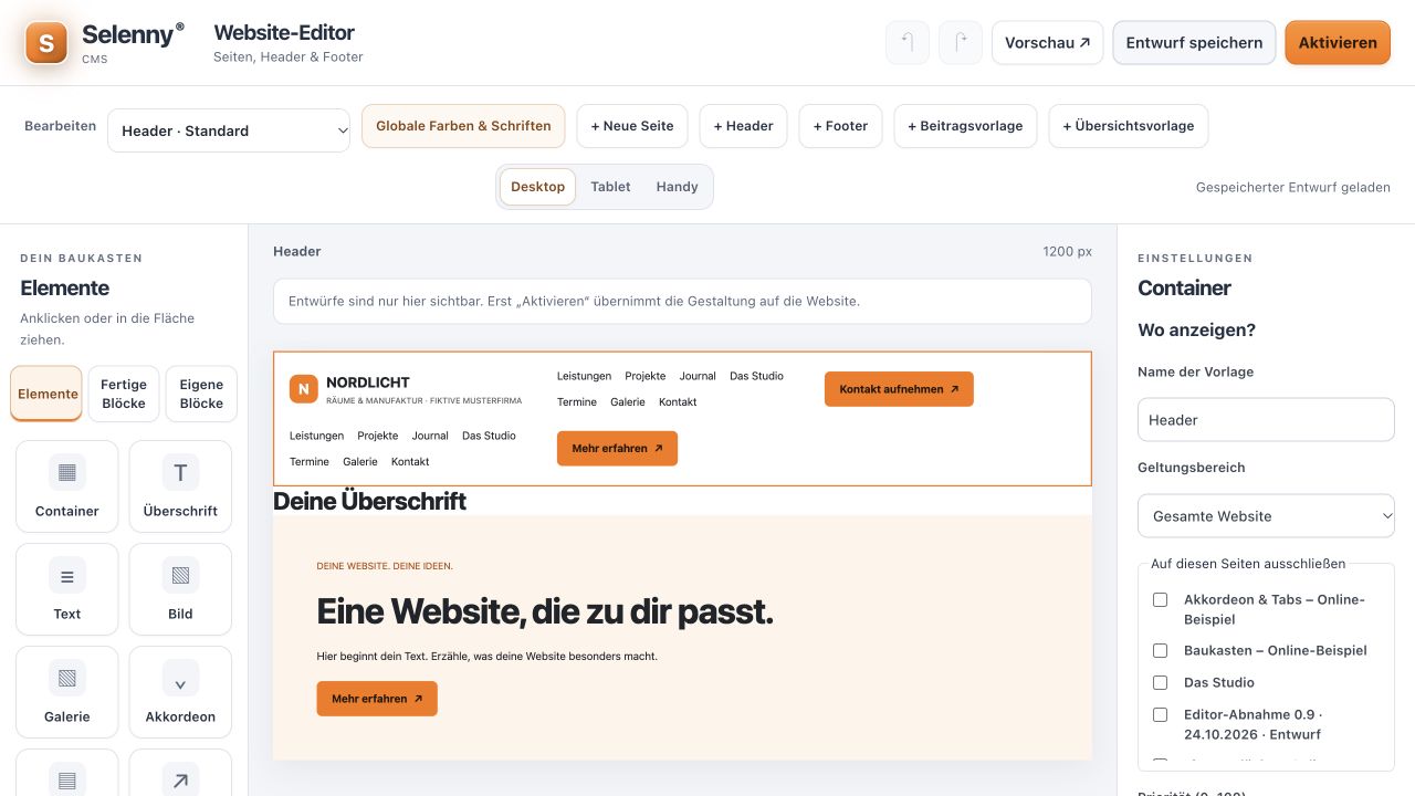 Originalansicht des Selenny CMS Seitenstudios