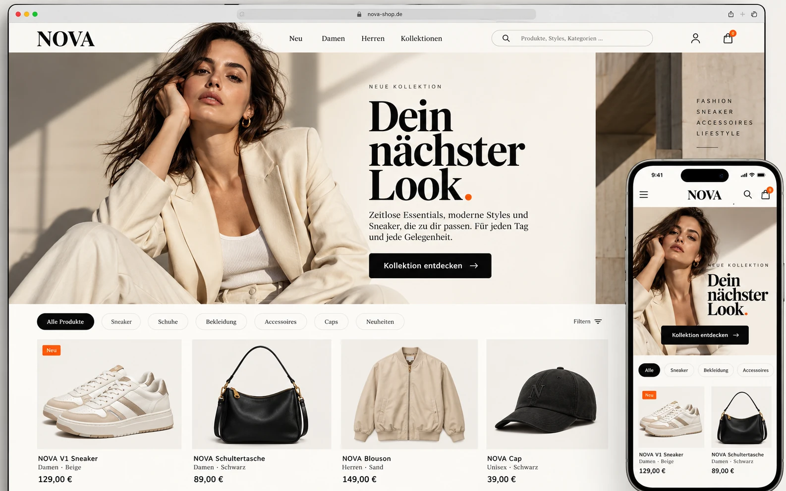 Illustrative Shopansicht mit Mode-Onlineshop auf Rechner und Smartphone